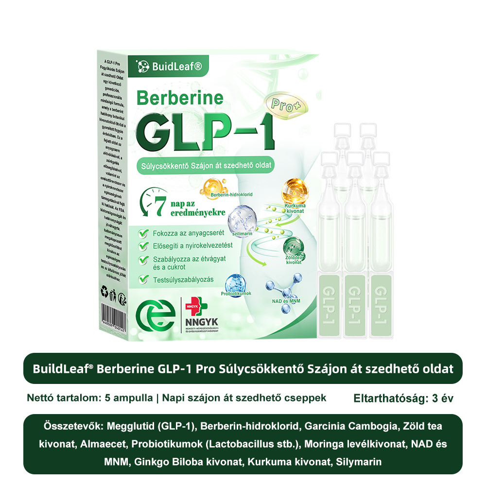 Klinikai kutatásokkal igazolt | A BuildLeaf® Berberine GLP-1 Pro Súlycsökkentő Szájon át szedhető oldat segíthet a makacs súlytöbblet, anyagcsere- és energiaproblémák kezelésében, támogatva a jobb közérzetet és vitalitást
