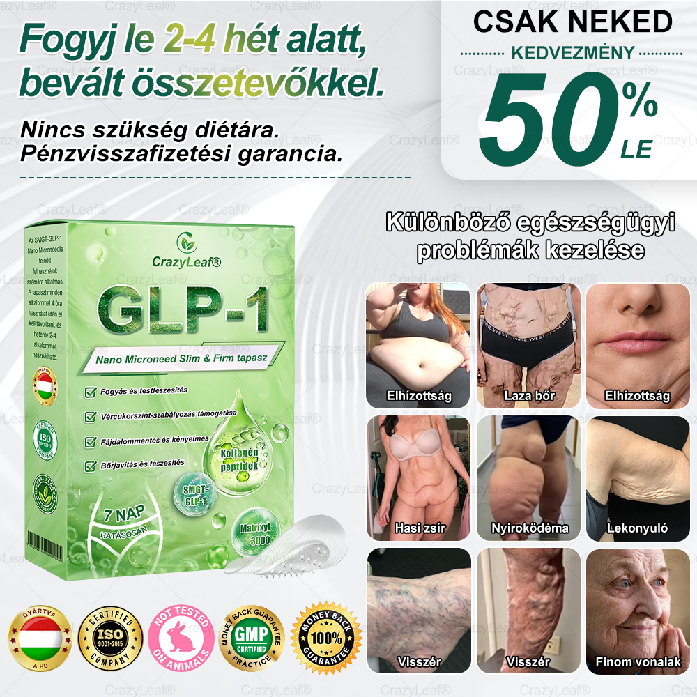 🏆Hivatalos áruház | CrazyLeaf® SMGT-GLP-1 nano tapasz kollagénnel & Matrixyl 3000-rel – Célzott hatás: elhízás,cukorbetegség,bőrmegereszkedés,  zsírmáj,  magas vérnyomás, energiaszint-csökkenés