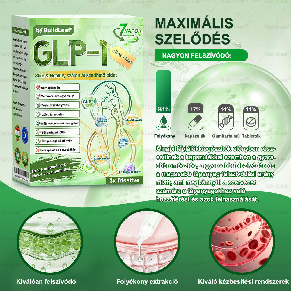 🍀BuildLeaf® GLP-1 8-az-1 Slim & Egészséges Oldat (Napi 1 adag · Eredmény 7 nap alatt),Segíti a fogyást, védi a szívet, szabályozza a cukorszintet, javítja az emésztést és az ízületeket — miközben feszesíti a bőrt és növeli az energiát.